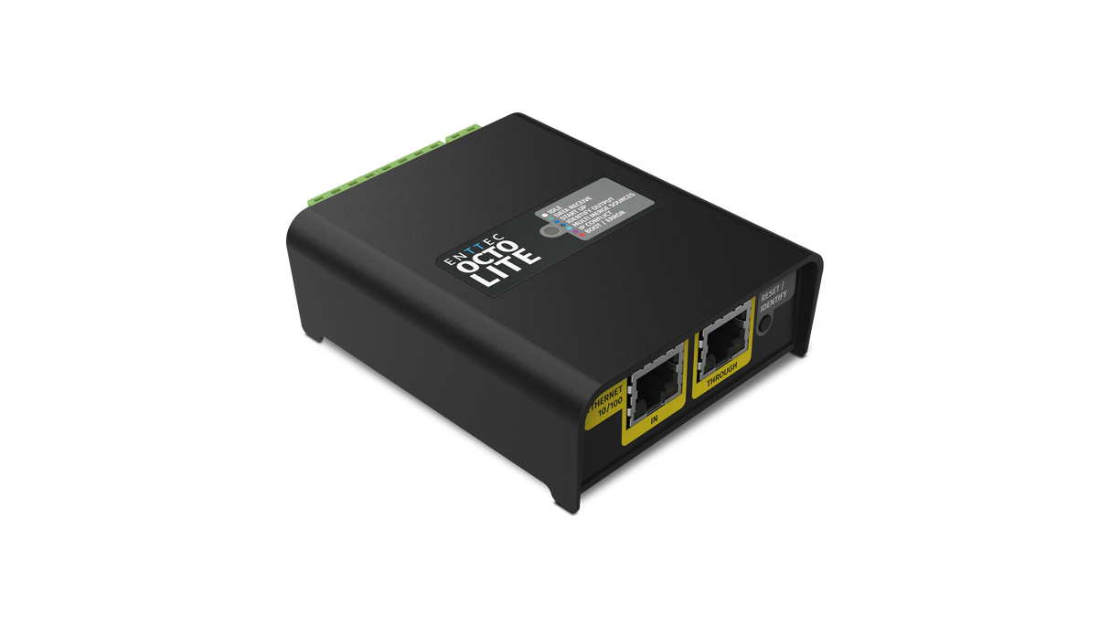 A black network device labeled "8-Universe eDMX to SPI Pixel Controller ~ Enttec Octo Lite," with indicator lights, two Ethernet ports, and a power socket, is shown against a plain white background.