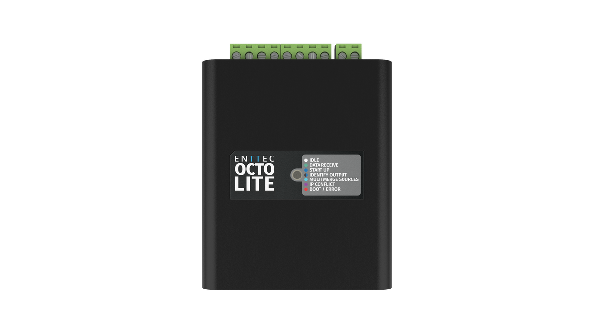 The 8-Universe eDMX to SPI Pixel Controller ~ Enttec Octo Lite, black with a front label and status indicators, plus green terminal connectors on top, is shown against a plain white background.