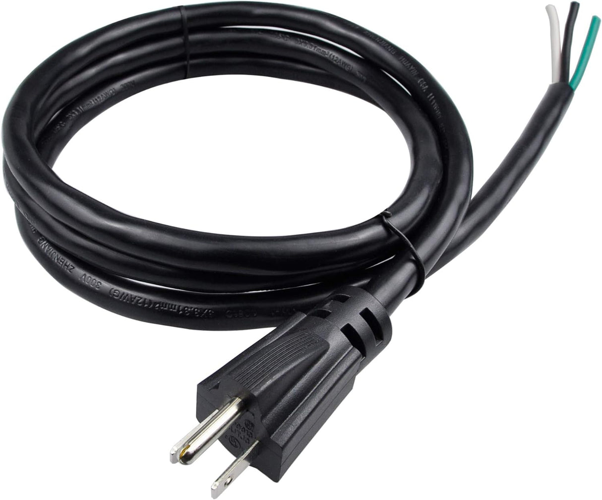 The 6ft Black Power Supply Cord features a heavy-duty design with a three-prong plug on one end and three exposed wires—white, black, and green—on the other, coiled neatly against a white background.
