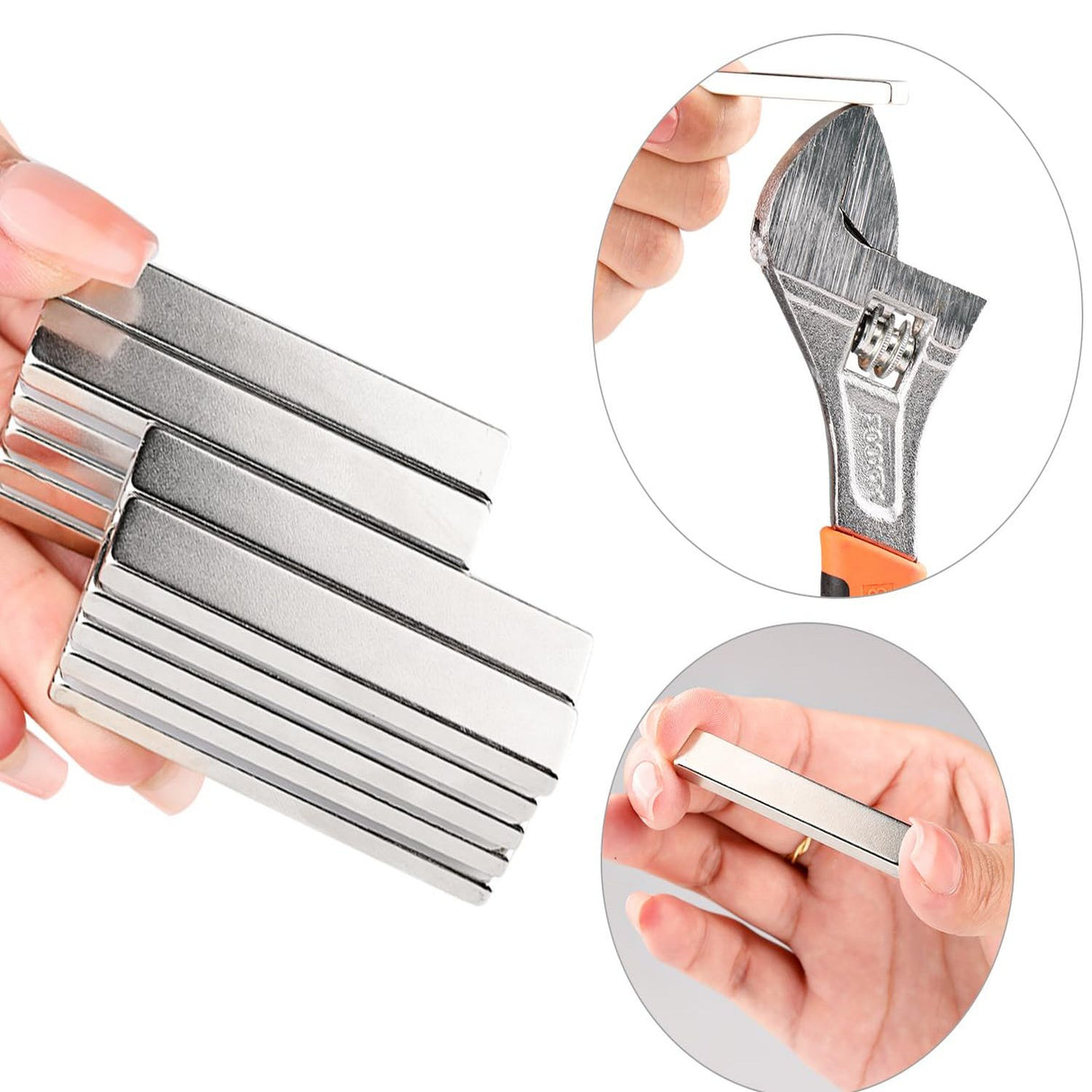 A hand holds several rectangular Strong Neodymium Bar Magnets; insets show one magnet being bent with a wrench and another held between fingers, demonstrating their industrial-grade plating.