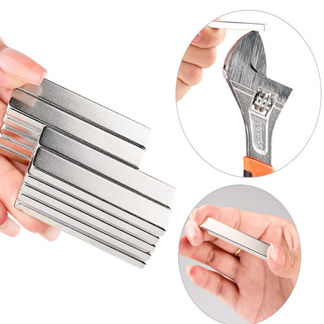 A hand holds several rectangular Strong Neodymium Bar Magnets; insets show one magnet being bent with a wrench and another held between fingers, demonstrating their industrial-grade plating.