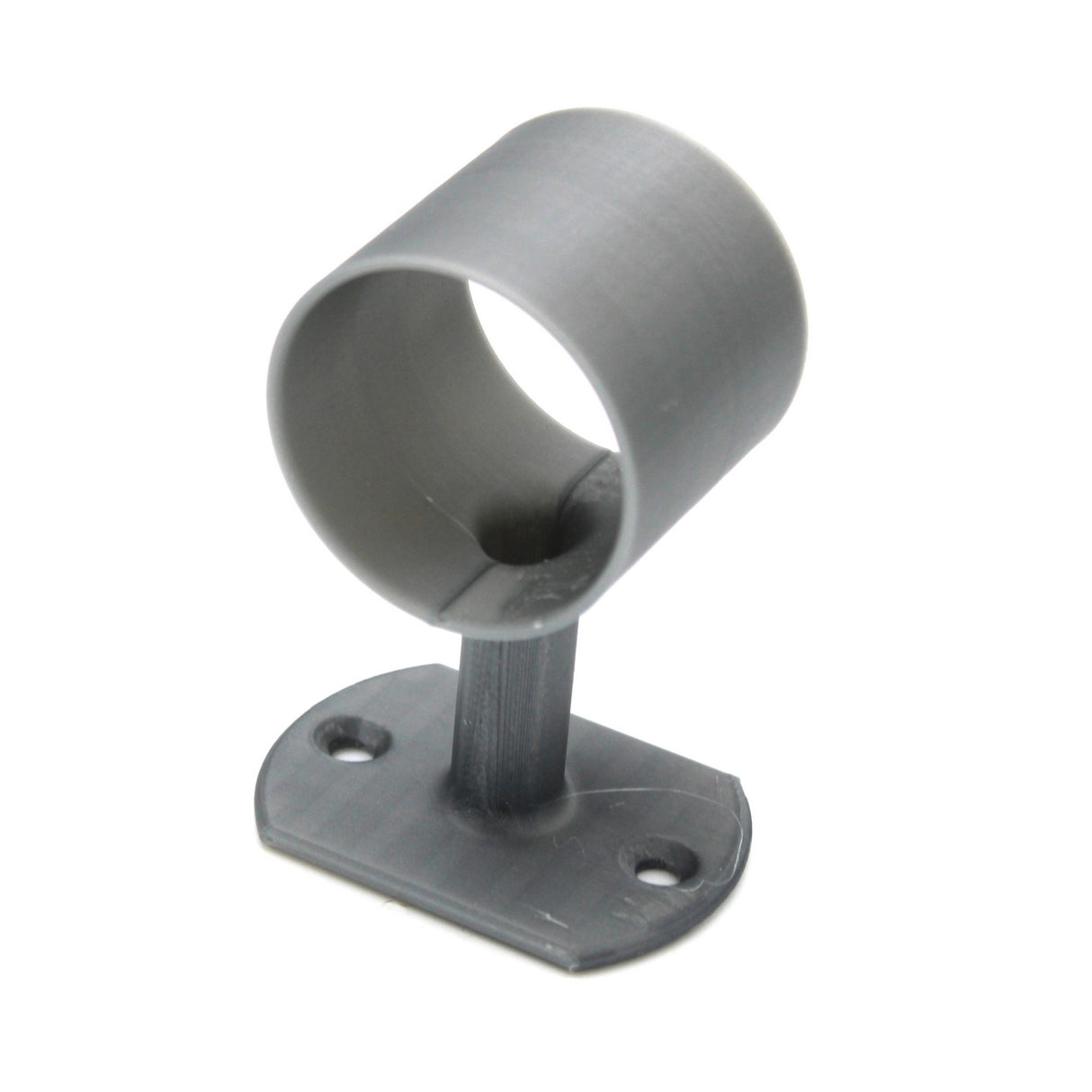 The Wired Post for 1.50 Round Profiles is a gray, cylindrical metal bracket with a round holder on a short vertical post, attached to an oval base with two screw holes for secure wall or surface installation.