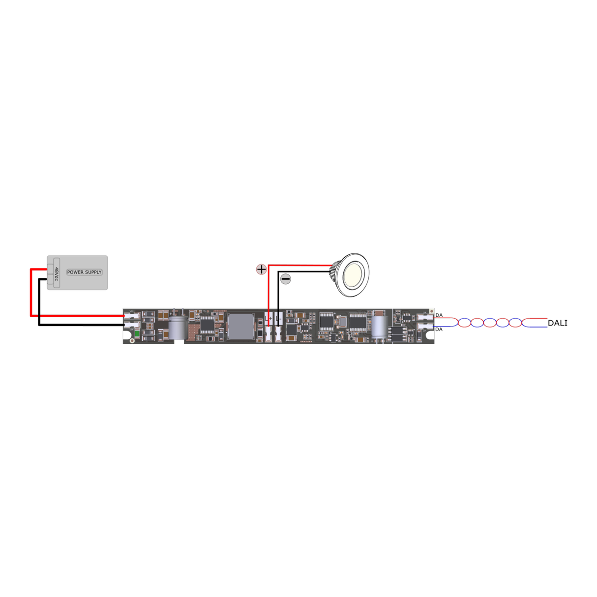 A wiring diagram shows the MINITRACK-1CC-DALI-HC LED controller connected to an electronic circuit, a round sensor, and a DALI interface on the right; red and black lines show wiring paths.