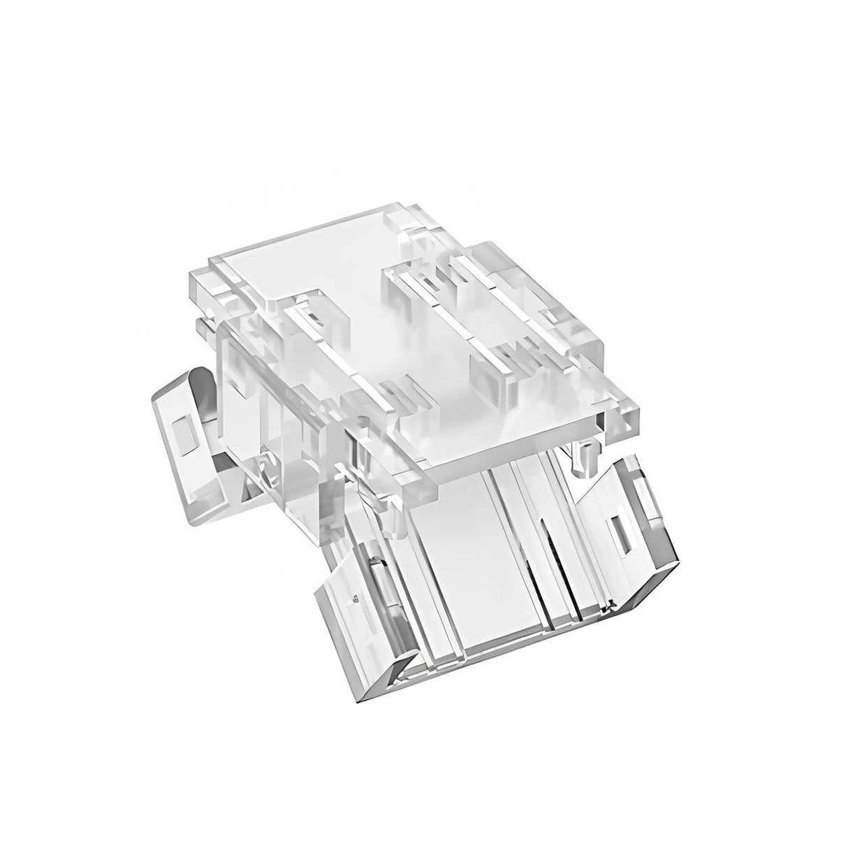 3-Pin Solderless Tunable White COB LED Strip Connector (10mm) from the UniCCT Series, shown isolated on a white background, features a clear plastic clip design similar to an RJ45 Ethernet connector.