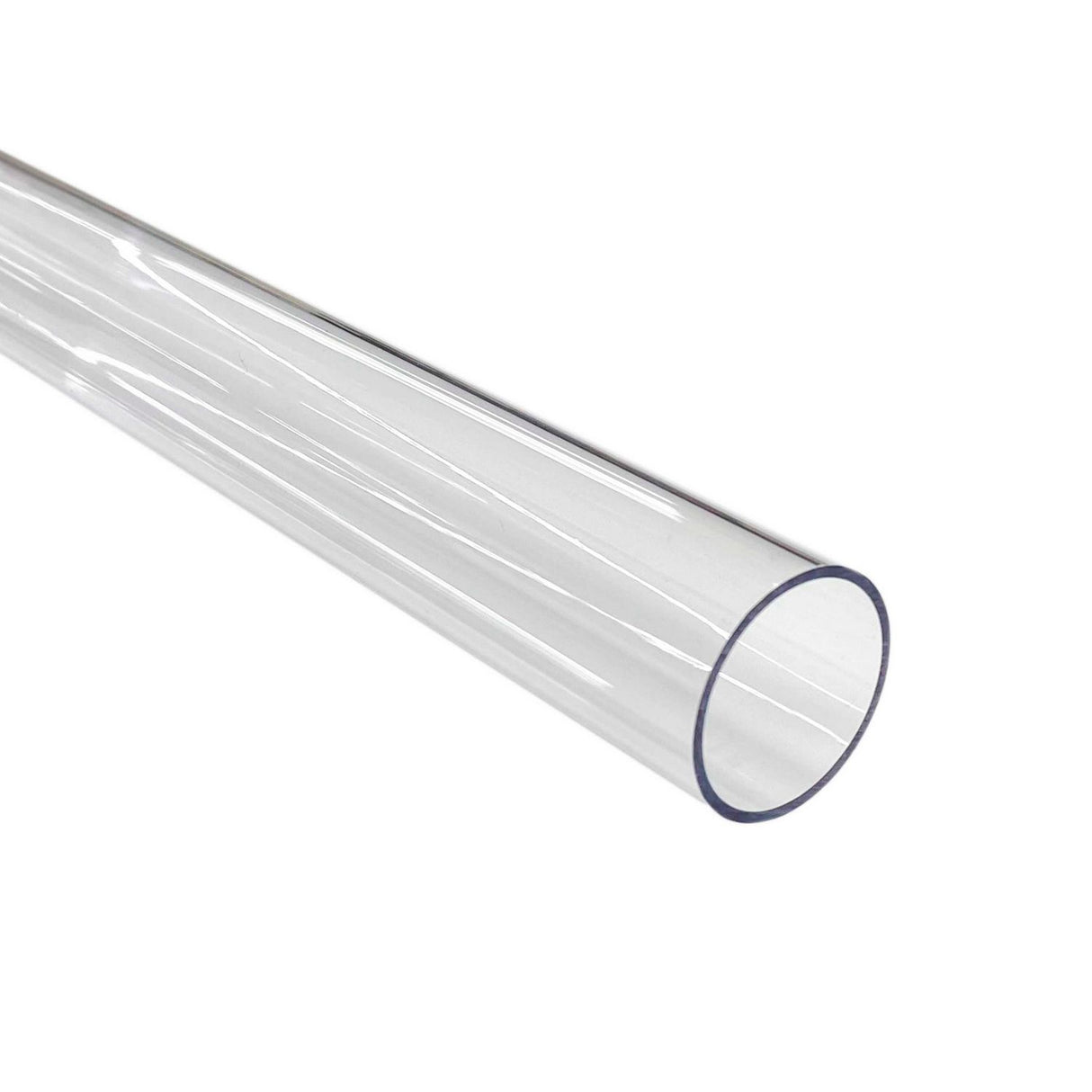 A Straight Tube for Neon 360 Series, featuring a clear, cylindrical design in transparent polycarbonate, is displayed diagonally against a white background with its open end facing forward.