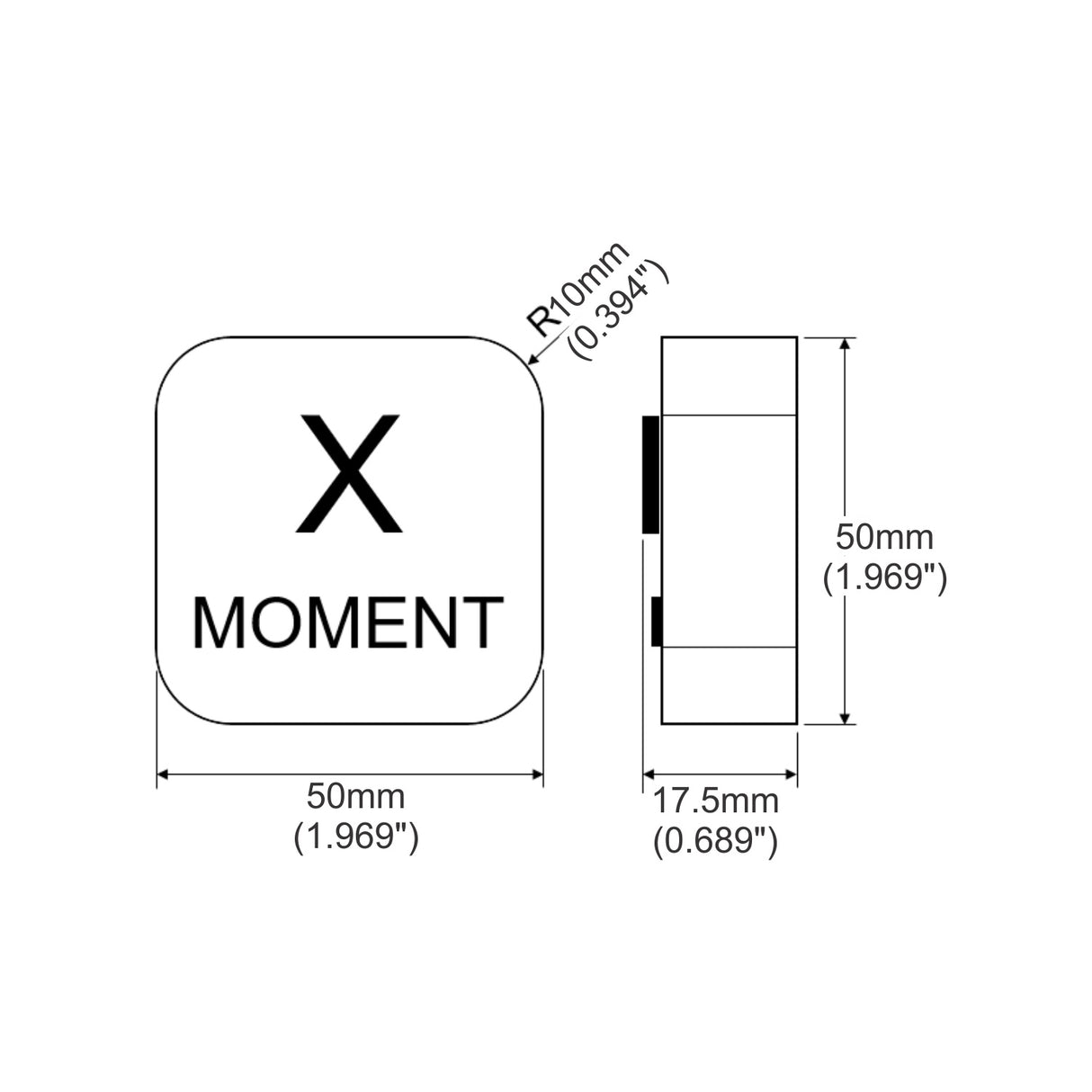 Technical drawing of the Casambi Lighting Controller with Alexa Voice Control ~ Estol X-Moment: a square device labeled X MOMENT, 50mm x 50mm (1.969), 17.5mm (0.689) thick, rounded corners (radius 10mm/0.394), and Alexa Voice Control integration.