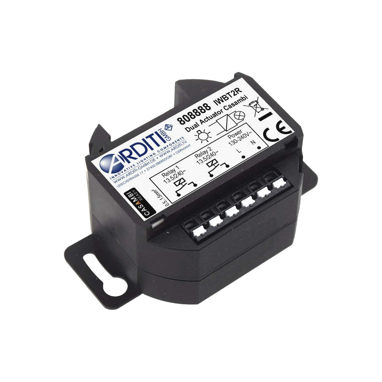 The Casambi Smart Relay with Dual Switch is a black electronic module with Bluetooth relay light control for Casambi networks, screw terminals, and mounting flanges. Product specs are printed on the top sticker.