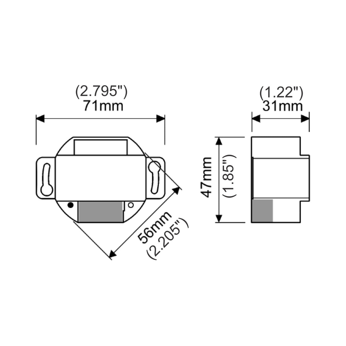 Technical drawing of the Casambi Smart Relay with Dual Switch, rectangular with mounting flanges, front and side views. Dimensions: 71mm (2.795) wide, 47mm (1.85) tall, 56mm (2.205) base, 31mm (1.22) depth.