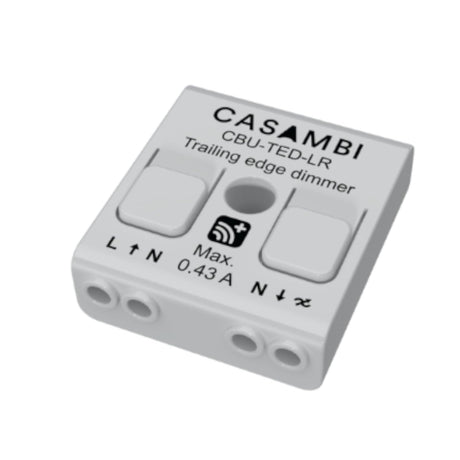 The Casambi Bluetooth Controller (Model CBU-TED) is a white LED dimmer with labeled input/output terminals and top control buttons, enabling wireless lighting control via Bluetooth.