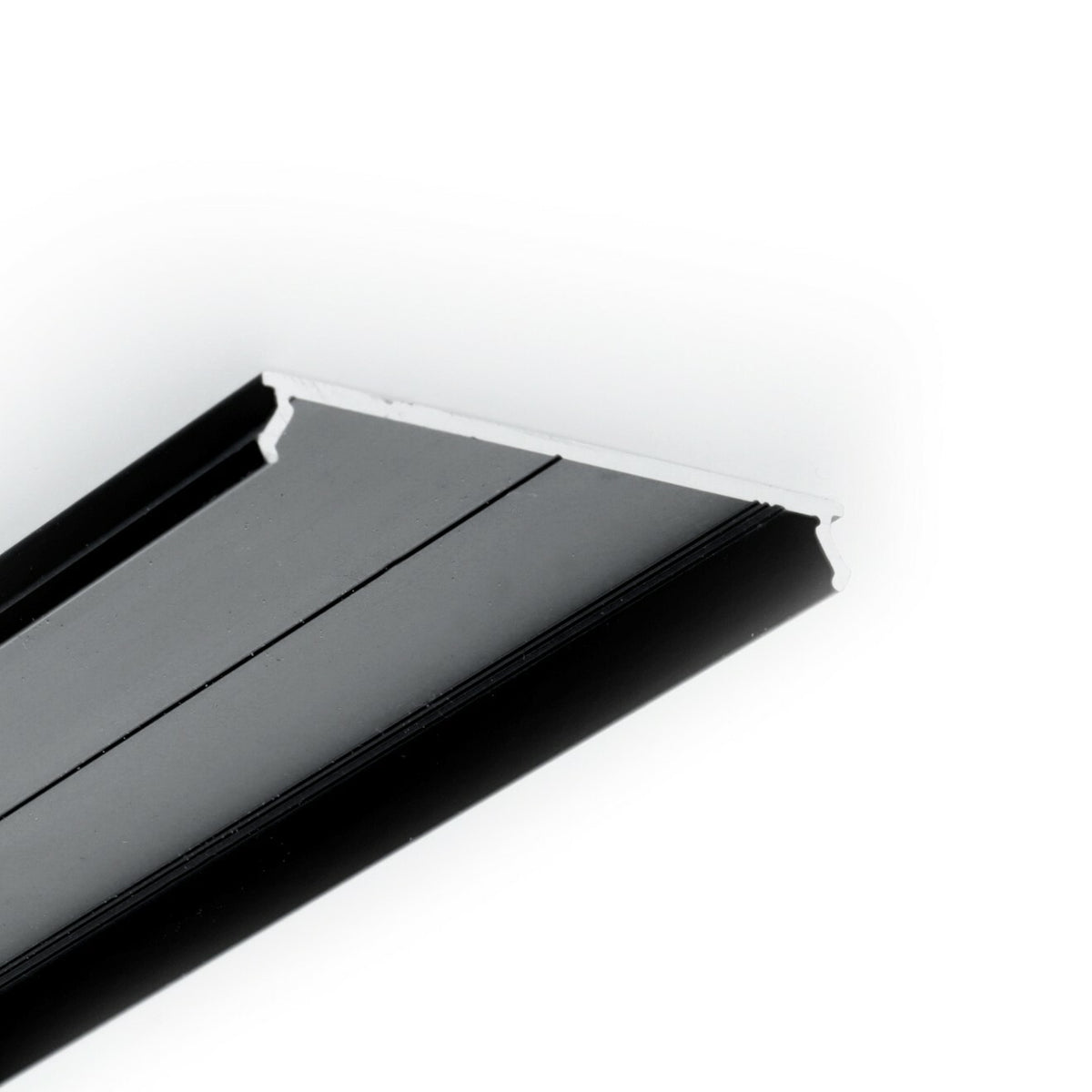 Close-up of the LED Channel Cover ~ C8 Click Aluminim, a black and silver rectangular metal track with an aluminum cover, shown on a white background.