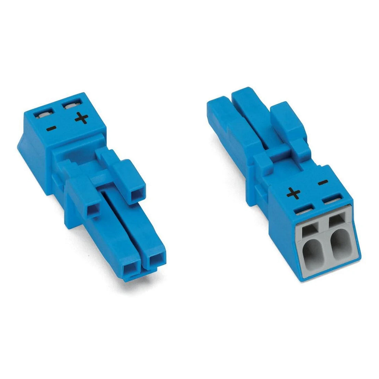 Two blue LC fiber optic connectors, shown from various angles with polarity symbols, are ideal for use with Wago 890 Series Pluggable Connector for Lighting Control.