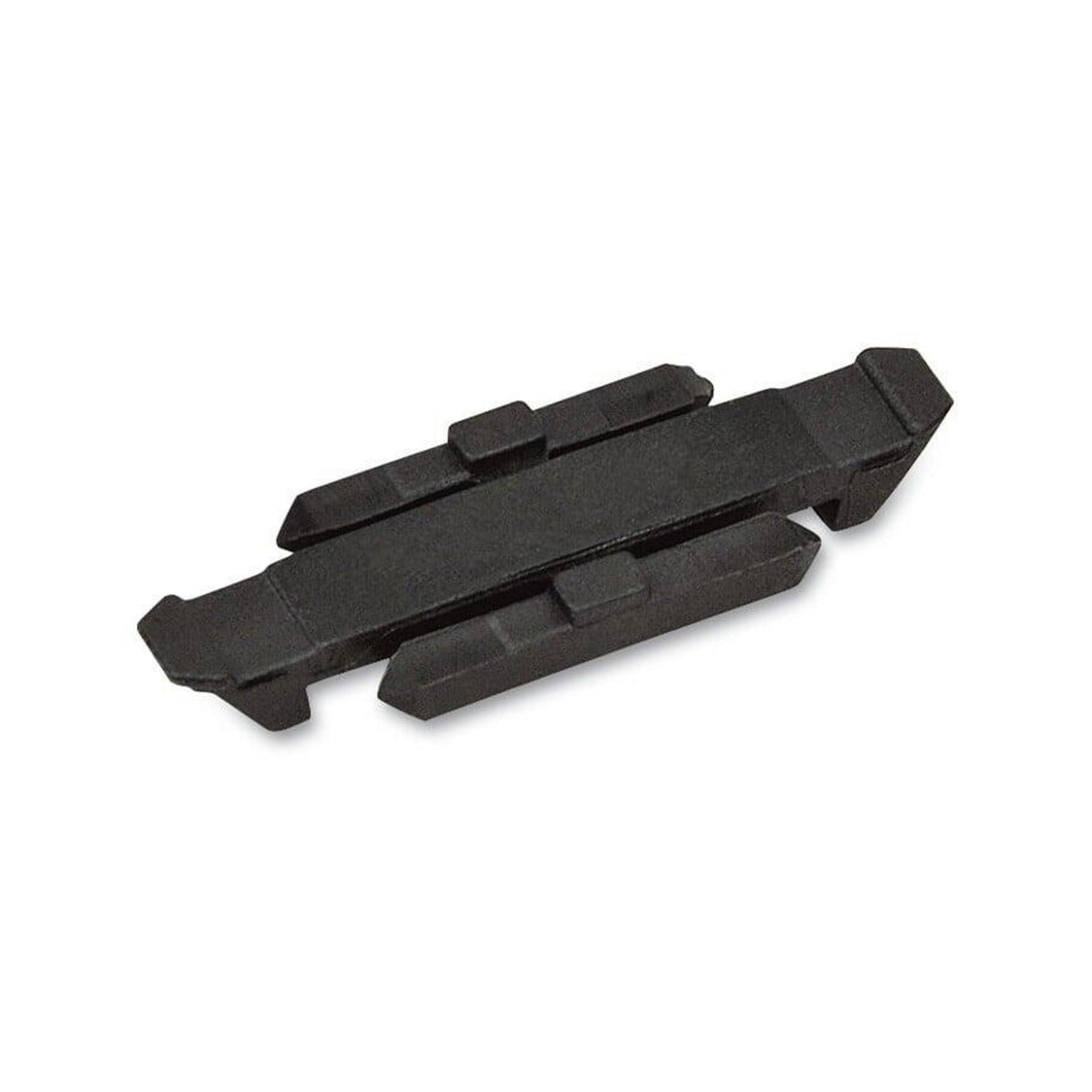 A black rubber bicycle brake pad with angular edges and grooves ensures secure stopping power—similar to the reliable hold of a Wago 890 Series Connector Locking Lever.