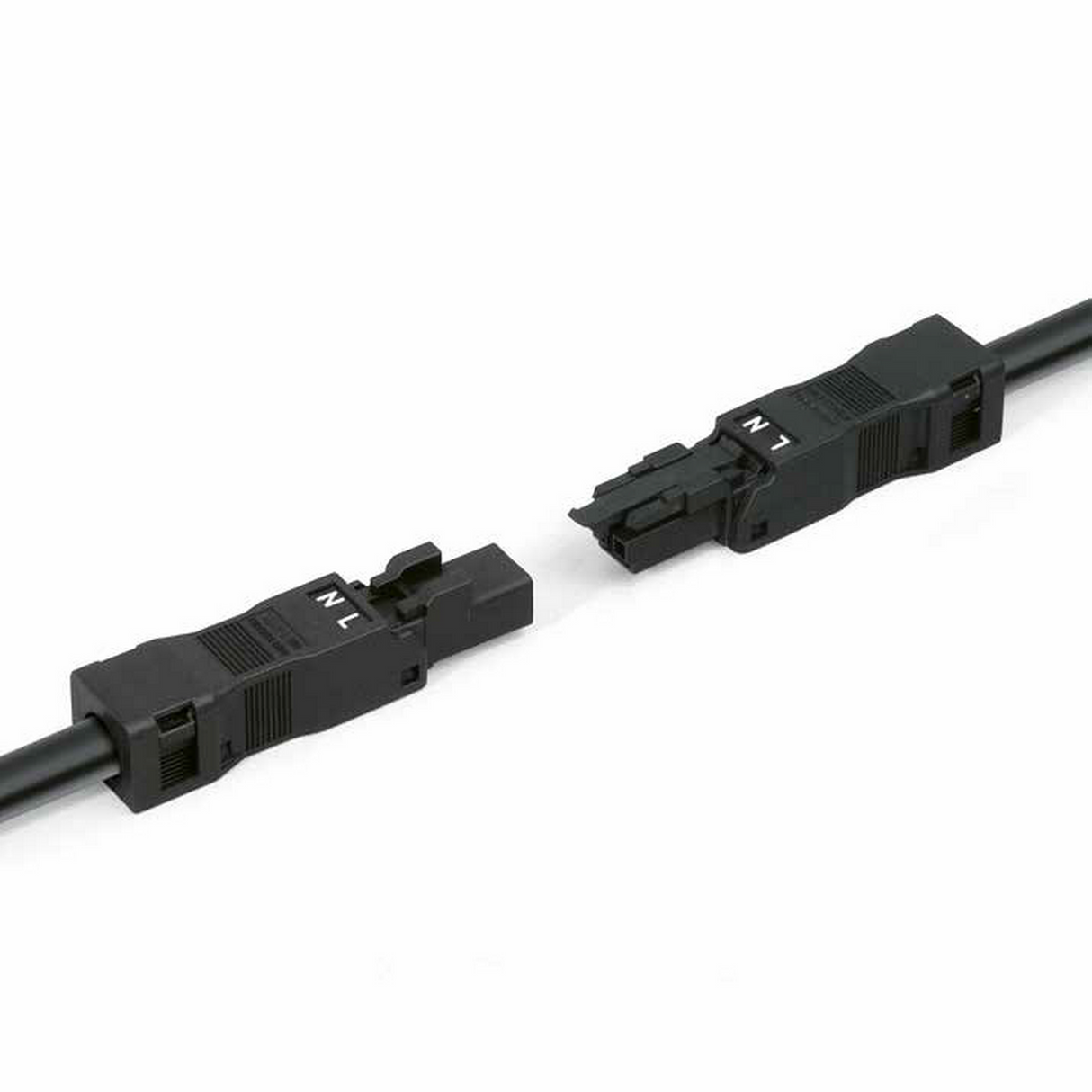 Two Wago 890 Series Connector Locking Levers, labeled L and N, face each other on black cables. Each connector has a locking lever and is set against a clean white background.
