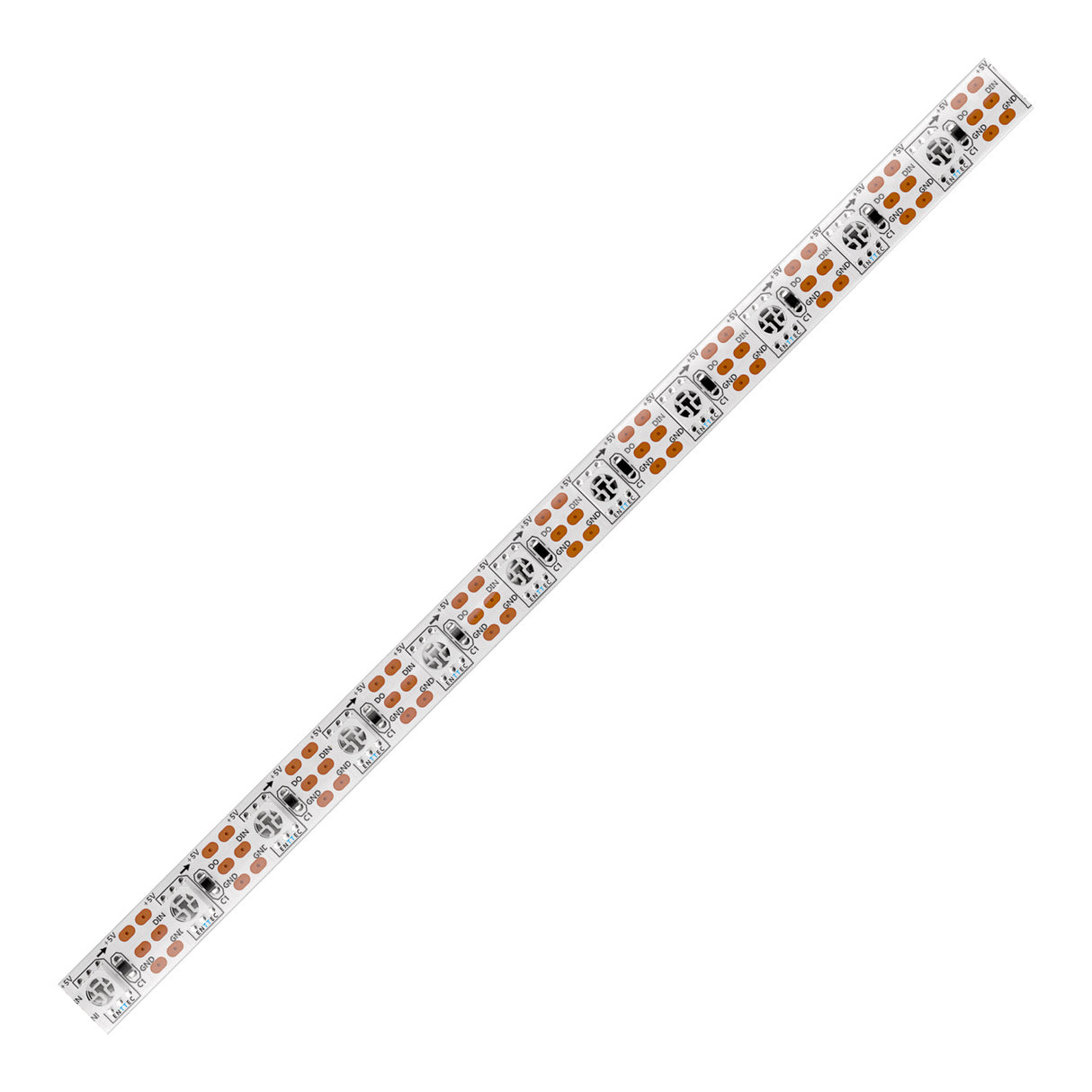 The Enttec 8PX Series RGB Pixel IP20 LED Strip (5V) features small, individually-controllable LEDs on a white flexible board with visible copper connectors, and supports the WS2811 protocol for precise lighting effects.