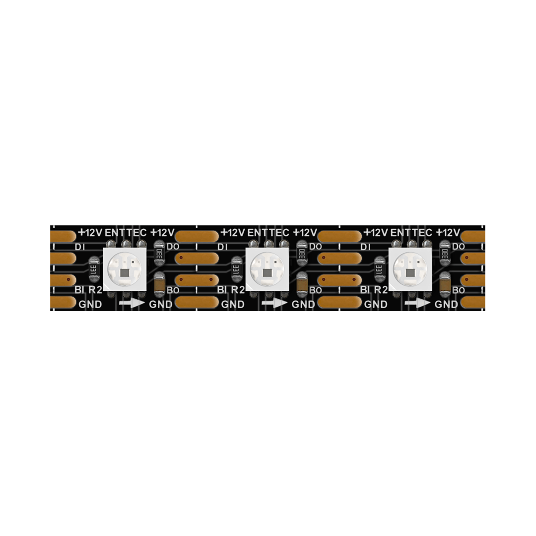 Close-up of the Enttec 8PX Series RGB Pixel IP20 LED Strip (12V), showing three addressable LEDs, visible copper circuitry, and labeled solder pads (+12V, GND, D0, B0, G0, R0) on a black background—ideal for professional lighting.