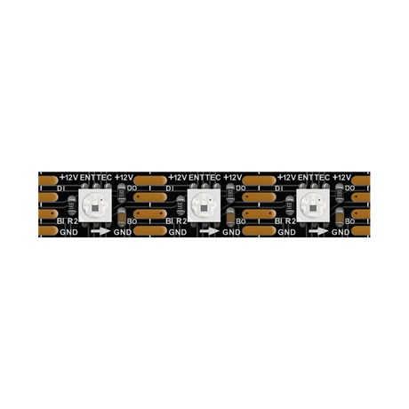 Close-up of the Enttec 8PX Series RGB Pixel IP20 LED Strip (12V), showing three addressable LEDs, visible copper circuitry, and labeled solder pads (+12V, GND, D0, B0, G0, R0) on a black background—ideal for professional lighting.