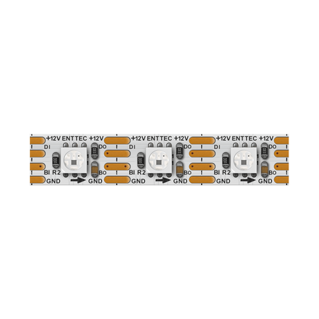 A close-up shows three individually controllable LEDs on an Enttec 8PX Series RGB Pixel IP20 LED Strip (12V), featuring labeled +12V, GND, D1, BI, R2, BO, and R1 connections on a white board with orange/black markings.