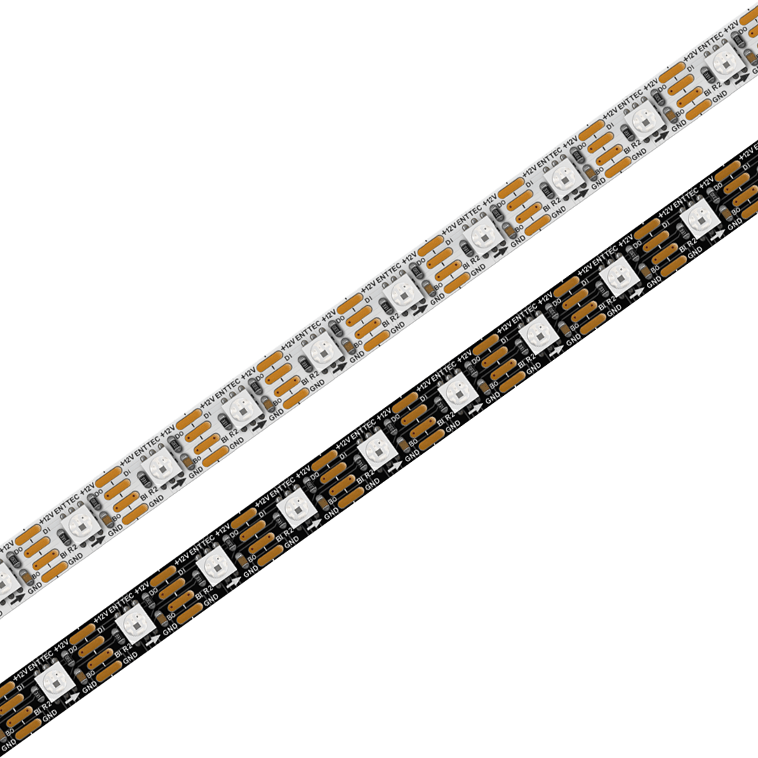 Two RGB Pixel IP20 LED Strips (12V) from the Enttec 8PX Series are displayed side by side—one on a white background, one on a black. Each strip has individually controllable LEDs and copper connection pads for architectural lighting.