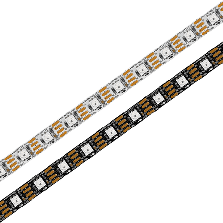Two RGB Pixel IP20 LED Strips (12V) from the Enttec 8PX Series are displayed side by side—one on a white background, one on a black. Each strip has individually controllable LEDs and copper connection pads for architectural lighting.