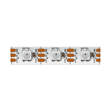 A close-up of the Enttec 8PX Series RGB Pixel IP20 LED Strip (5V) displays three individually controllable LEDs, labeled terminals, and copper contacts on a white background; compatible with the WS2811 protocol.