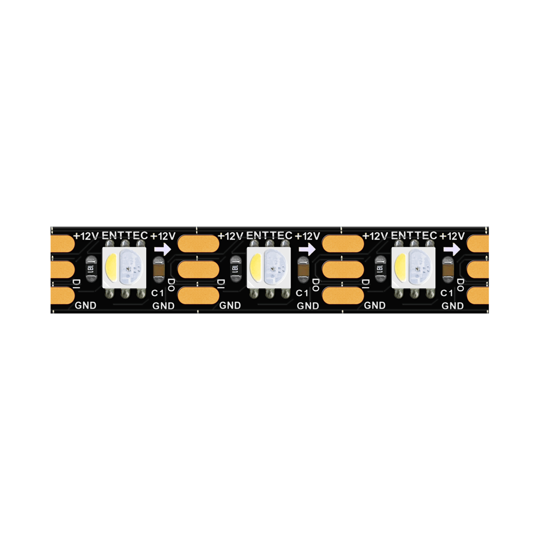 A close-up of the ENTTEC 8PX Series RGBW Pixel IP20 LED Strip (12V) shows visible LED chips, gold contacts, GND markings, and ENTTEC labeling on the black strip.
