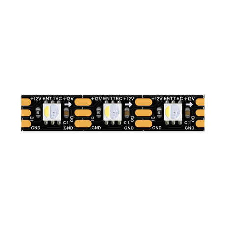 A close-up of the ENTTEC 8PX Series RGBW Pixel IP20 LED Strip (12V) shows visible LED chips, gold contacts, GND markings, and ENTTEC labeling on the black strip.