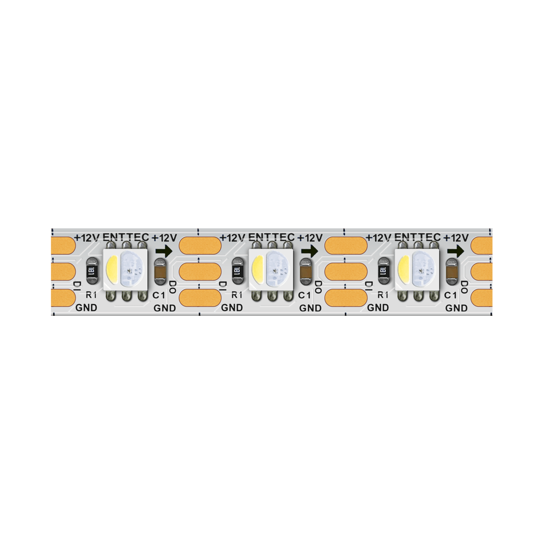 Close-up of the Enttec 8PX Series RGBW Pixel IP20 LED Strip (12V), showing small LED modules, resistors, and labeled +12V/GND points on a white board—ideal for use with addressable RGBW pixel strips and controllers.