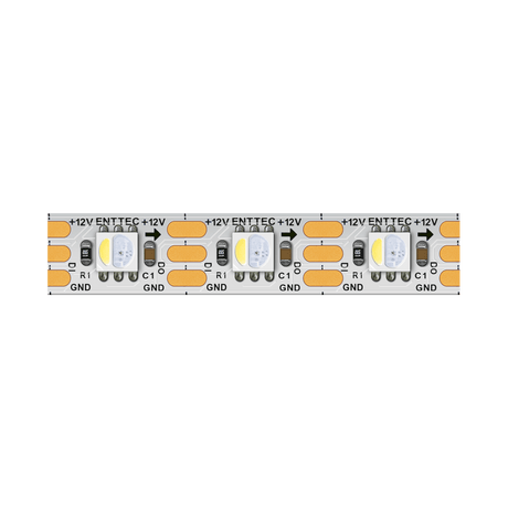 Close-up of the Enttec 8PX Series RGBW Pixel IP20 LED Strip (12V), showing small LED modules, resistors, and labeled +12V/GND points on a white board—ideal for use with addressable RGBW pixel strips and controllers.