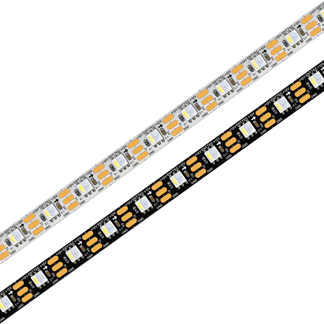 Two RGBW Pixel IP20 LED Strips (12V) from the Enttec 8PX Series are shown side by side on white and black backgrounds, each featuring addressable RGBW LEDs and electronic components for customizable pixel lighting.