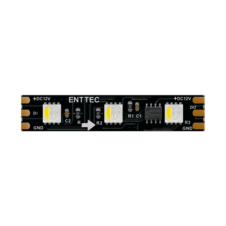 Close-up of a Long-Range RGBW Pixel IP20 LED Strip (12V) ~ Enttec 8PX Series segment, showing three LEDs, electronic components, and copper pads labeled for power, data, and ground.