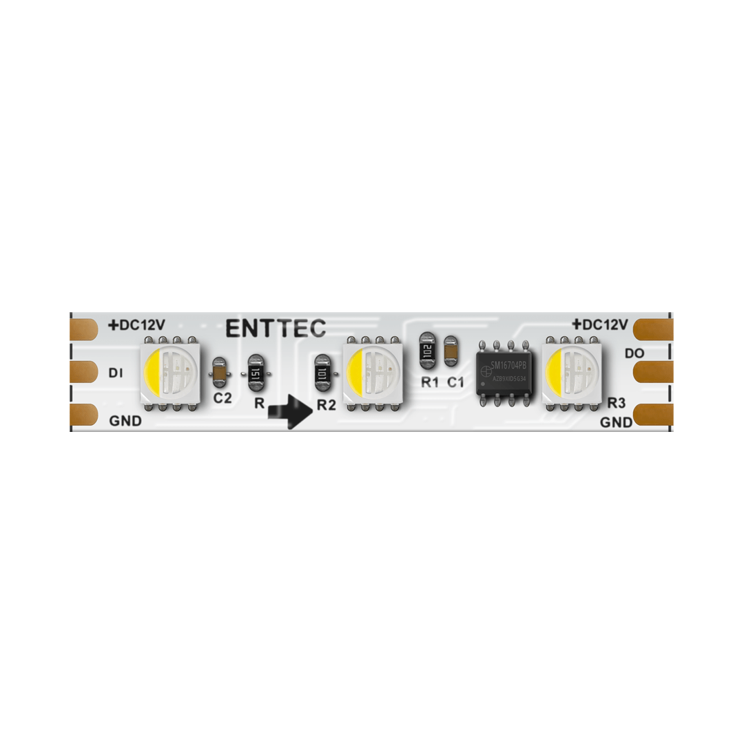 Close-up of the Long-Range RGBW Pixel IP20 LED Strip (12V) ~ Enttec 8PX Series, showing labeled components, 12V power and GND connections, DI/DO data points, resistors, capacitors, and an IC on a white background.