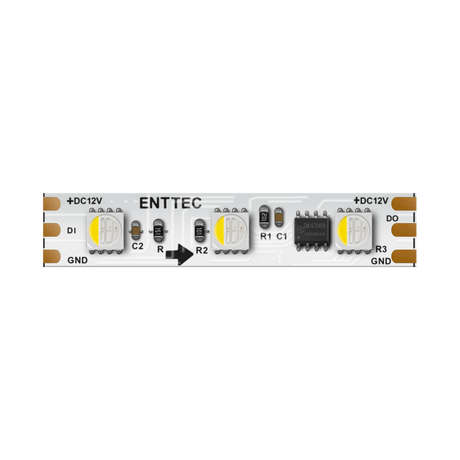 Close-up of the Long-Range RGBW Pixel IP20 LED Strip (12V) ~ Enttec 8PX Series, showing labeled components, 12V power and GND connections, DI/DO data points, resistors, capacitors, and an IC on a white background.