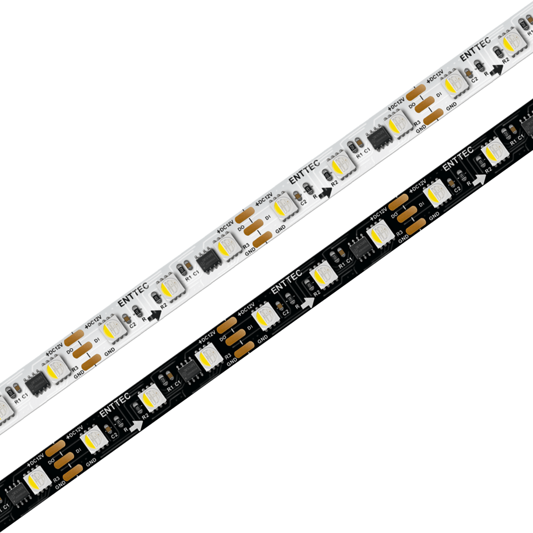 Two ENTTEC 8PX Series Long-Range RGBW Pixel IP20 LED Strips (12V) with black and white bases highlight vibrant, customizable lighting using advanced addressable LED strip technology.