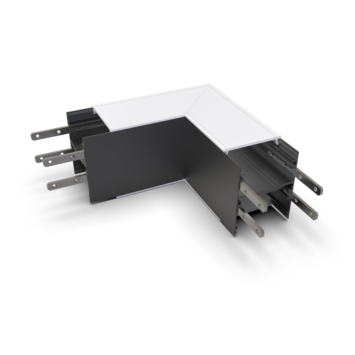 A black and white L-shaped metal connector piece, the 90 Degree Connector for DPL55-FL Profile, with six flat tabs on each end, is shown against a white background.