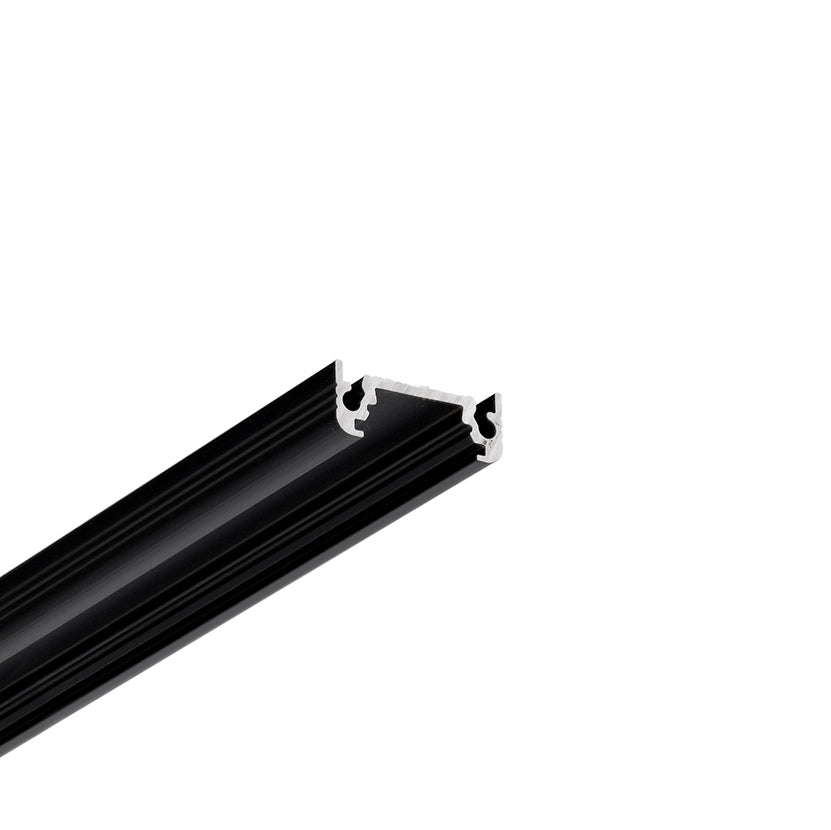 The Surface Mount LED Strip Channel ~ Model Surface10 is a sleek black aluminum extrusion profile with a hollow rectangular center and internal slots, shown on a white background.