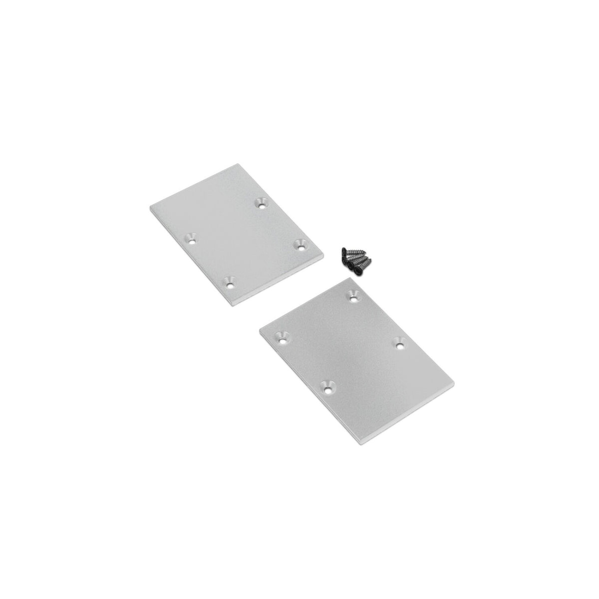 Two rectangular End Cap for Pixel33-02 Profile pieces with four screw holes each are shown next to a small pile of black screws on a white background.