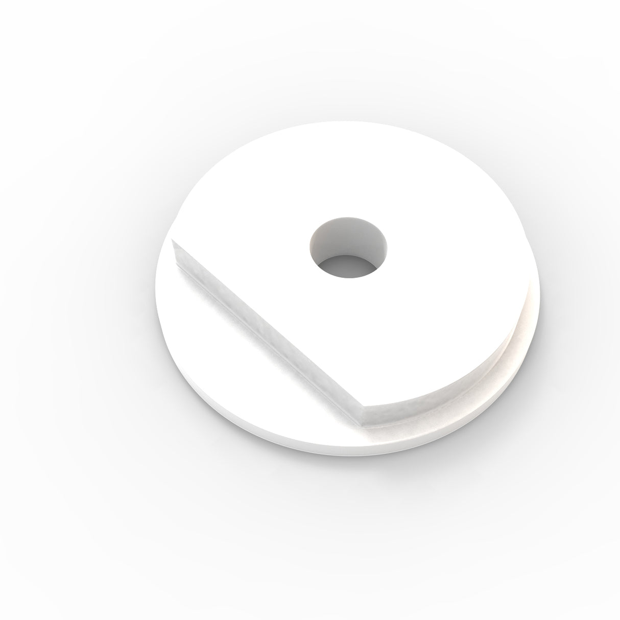 A white, round, flat Plastic End Cap for Sierra38 Profile with a central hole and diagonal groove on top, resembling a thick washer, shown on a white background.