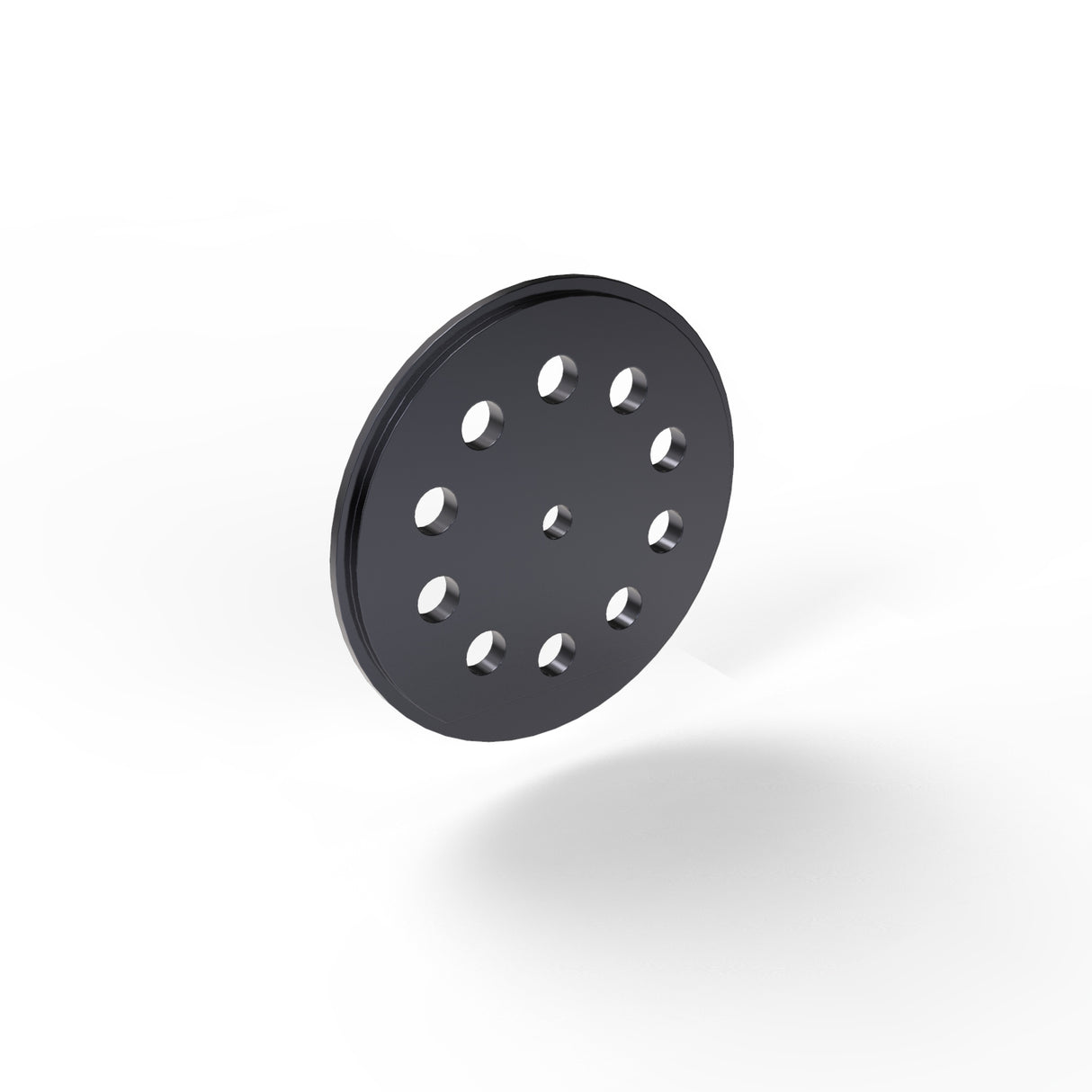 The Aluminum End Cap for Sierra65 Profile is a black circular disc with twelve evenly spaced holes around the center, shown floating against a white background.