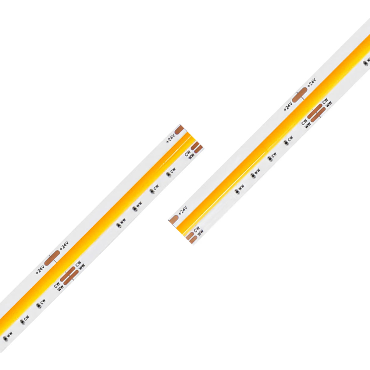 Two Tunable White COB IP20 High CRI LED Strips (24V) from the UniCCT Series, featuring yellow diodes and visible circuit elements, are arranged diagonally and parallel on a white background. These strips provide precision illumination with high color rendering, making them ideal for environments where color accuracy is essential.