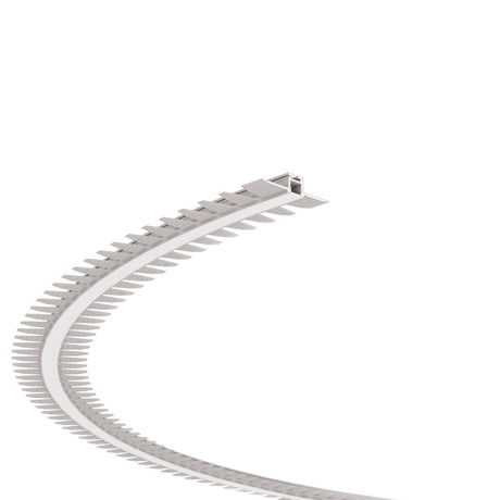 The 0.39 Bendable Drywall LED Lighting Channel (Model Klus KOZEL-10-BD) is a curved, segmented white plastic or metal channel with evenly spaced tabs along its edge, extending upward and to the left against a white background.