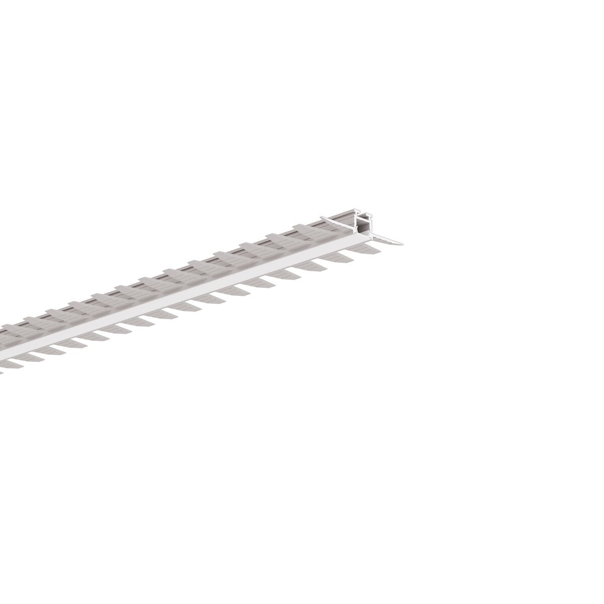 The 0.39 Bendable Drywall LED Lighting Channel (Model Klus KOZEL-10-BD) is a long, metallic channel with evenly spaced side openings, suspended horizontally, ideal for sleek recessed lighting installations.