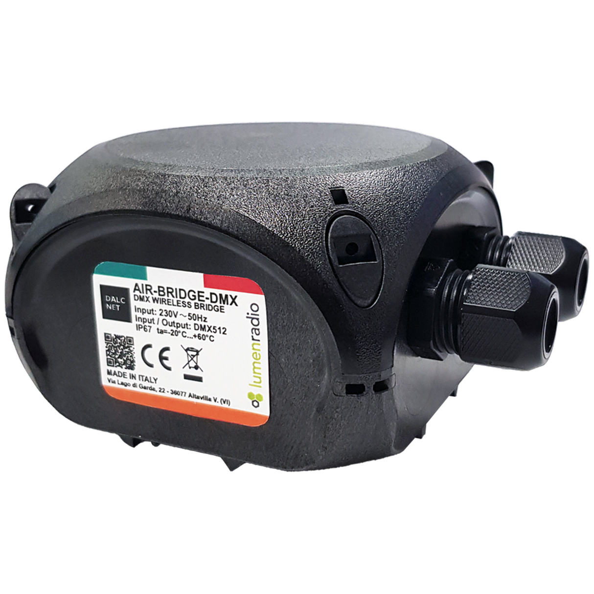 The AIR-BRIDGE-DMX Wireless DMX Transmitter and Receiver System is a black, oval device with I/O ports and a side label featuring technical details and LumenRadio branding. Perfect for advanced lighting control. Shown on a plain gray background.