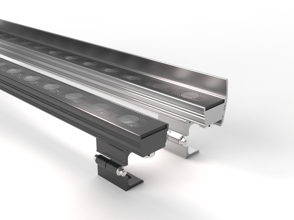 Two LED Wall Washer Lights (Model Alphaeus 3 MO50), one black and one silver, are mounted on adjustable brackets against a white background. Each features a row of circular lenses along its length.