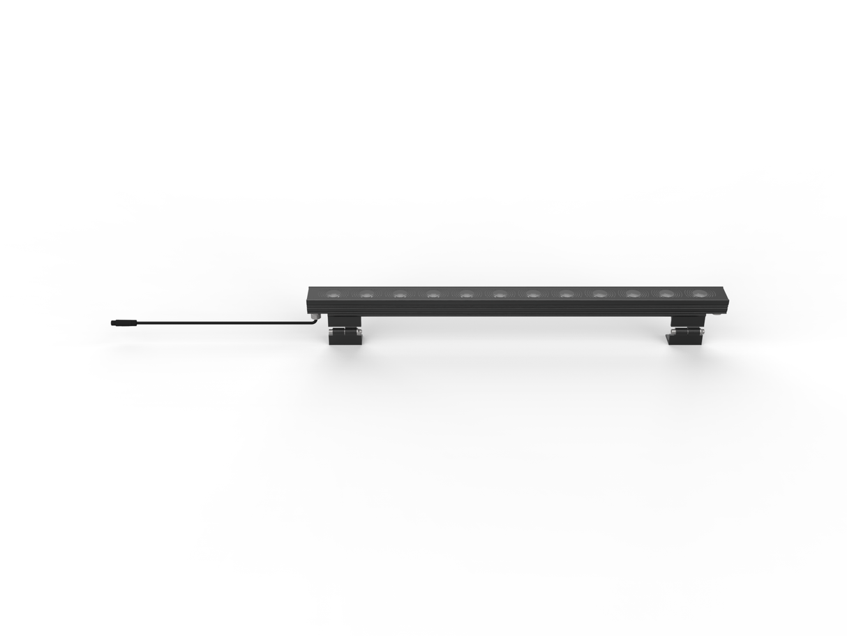 The Alphaeus 3 MO50 LED Wall Washer Light is a slim, rectangular fixture with a black casing, mounted on two small brackets and a power cable at one end. A high-power linear wall washer, it stands out against the plain white background.