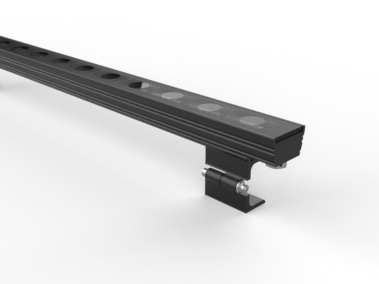 The LED Wall Washer Light ~ Model Alphaeus 3 MO50 features a black metal high-power linear design with circular lens covers and an adjustable bracket, shown against a white background.