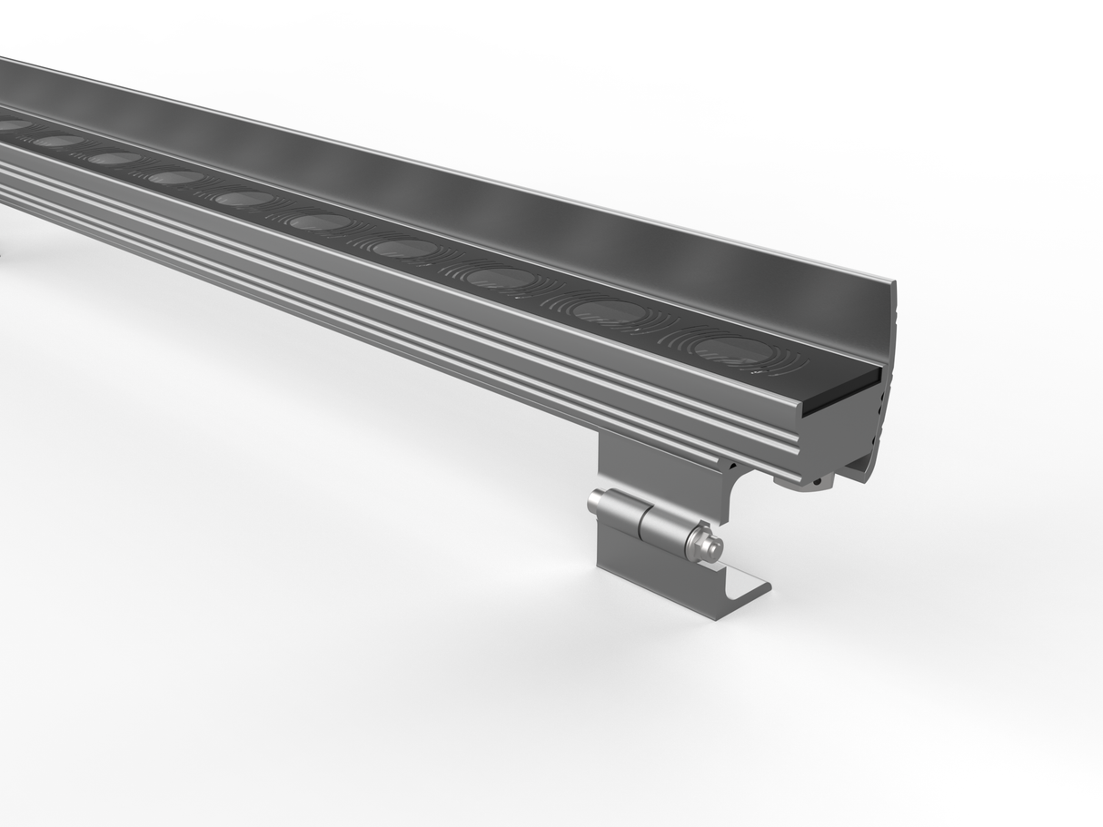 A close-up of a metallic conveyor system part with a linear rail and bracket, shown against white, reminiscent of the precision in the LED Wall Washer Light ~ Model Alphaeus 3 MO50.