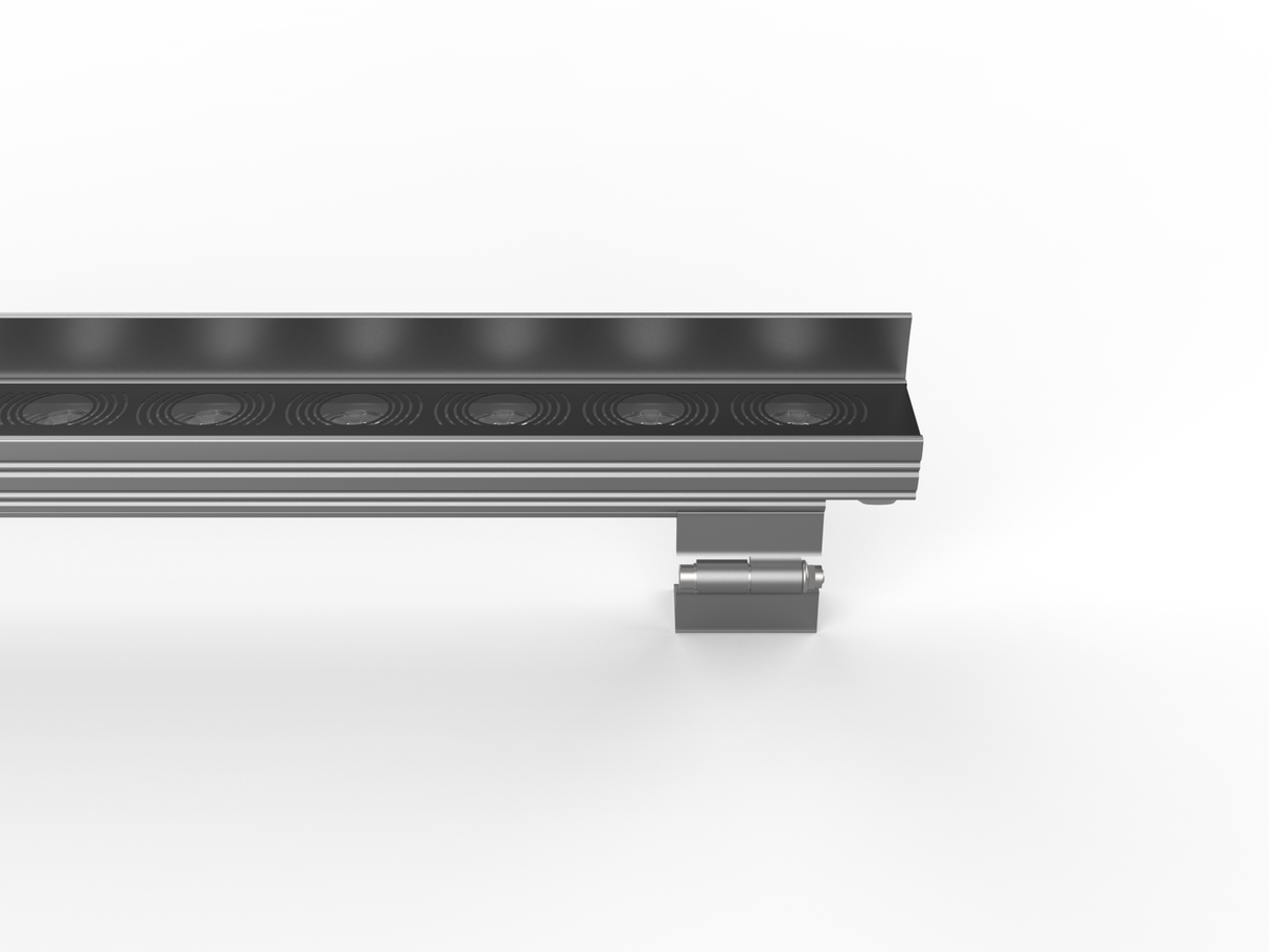 The LED Wall Washer Light ~ Model Alphaeus 3 MO50 features seven circular lenses on an adjustable bracket, providing high-power linear lighting ideal for exterior wall washing, as shown against a white background.