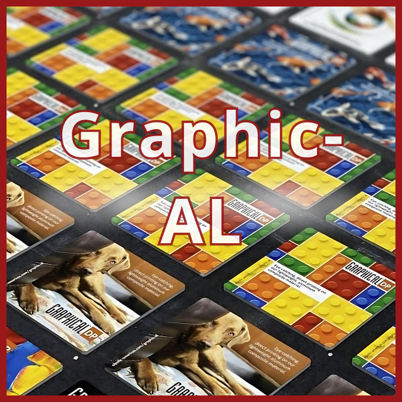 A vibrant grid of cards—some with LEGO-like patterns, others with dog graphics—highlights Signage Aluminum Composite Material Panel ~ ALPOLIC Graphic-AL Series in bold white and red, inspiring architectural signage and displays.