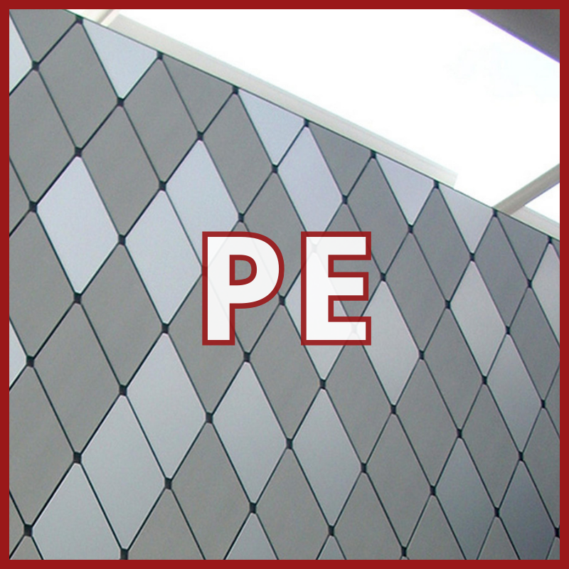 A ceiling view reveals a repeating diamond-patterned ALPOLIC/PE Series Lightweight Aluminum Composite Material Panel, framed by a red border and large red PE letters centered on the image.