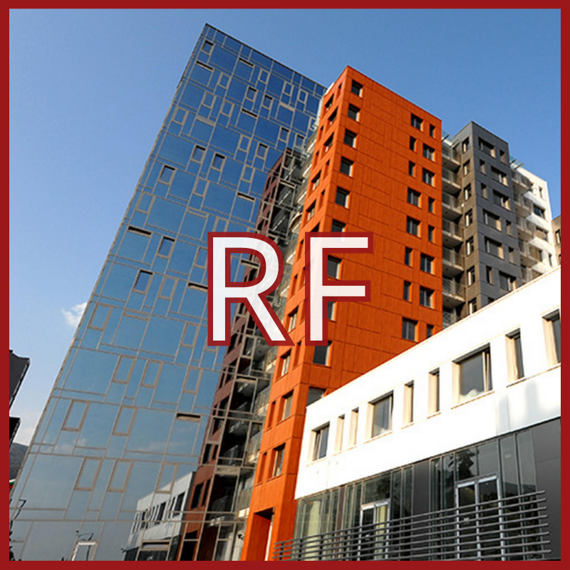 Tall modern buildings with facades featuring ALPOLIC/RF Series reflective aluminum composite material panels stand against a blue sky. In the foreground, a large white RF with a red outline is framed by a red border.